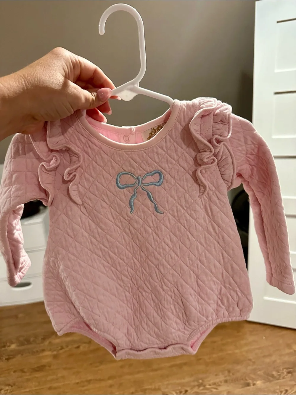 The Beaufort Bonnet Company Quilted Pink One-Piece with Bow Embroidery
